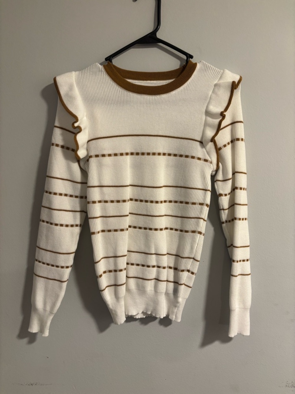 SHEIN Cream Sweater with Brown Stripes and Ruffle Shoulders